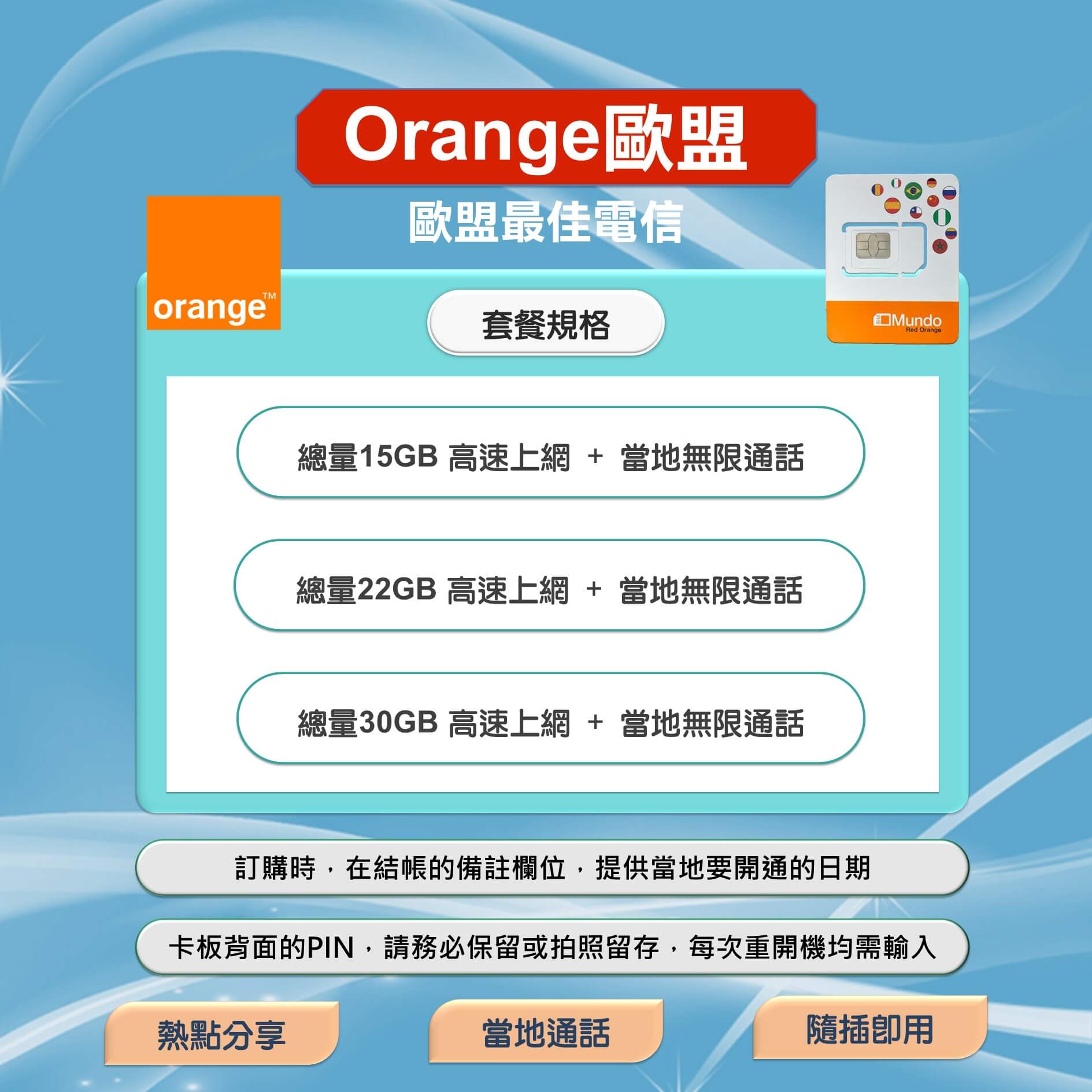 【歐洲上網卡含通話】官方原裝Orange 5G上網含通話
